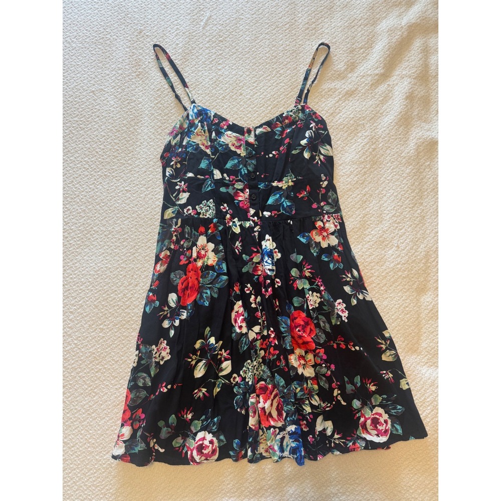 Express Floral Mini Dress Black Red Blue Button Front Smocked Back Size M